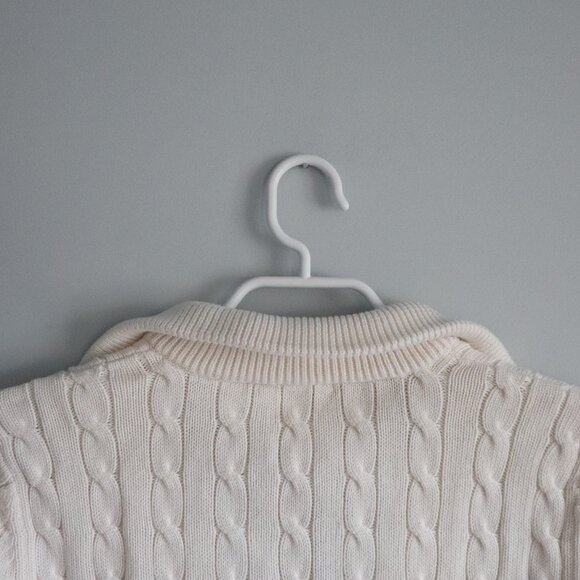 White Women's Cable Knit Collared V-Neck Ribbed Long Sleeve Pullover Sweater - Picture 7 of 11